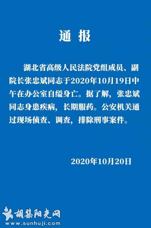 湖北高院通报：副院长张忠斌办公室内自缢身亡